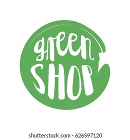Green Shop circle letters in grunge round background. Vector logo illustration.
