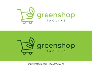Green shop logo design featuring a leaf inside a shopping cart icon representing sustainable shopping and natural products