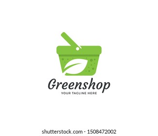 Green shop logo design. Green market logo template, Basket with silhouette of leaf