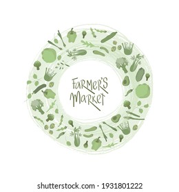 Green shop sign with green outline vegetables frame. Handwritten lettering fresh font for sign shop, window sticker supermarket, poster. Vector stock illustration isolated on white background.