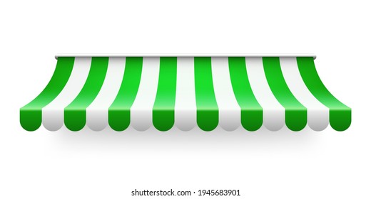 Green shop sunshade isolated on white background. Realistic striped cafe awning. Outdoor market tent. Roof canopy. Summer street store. Vector illustration.