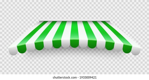 Green Shop Sunshade On Transparent Background. Realistic Striped Cafe Awning. Outdoor Market Tent. Roof Canopy. Summer Street Store. Vector Illustration.