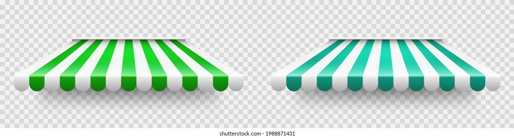 Green shop sunshade on transparent background. Realistic striped cafe awning. Outdoor market tent. Roof canopy. Summer street store. Vector illustration.