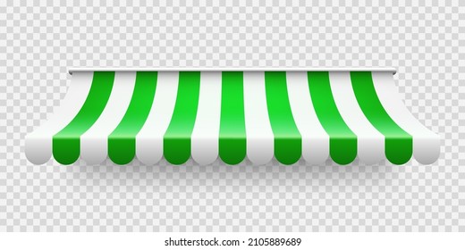 Green shop sunshade on transparent background. Realistic striped cafe awning. Outdoor market tent. Roof canopy. Summer street store. Vector illustration.