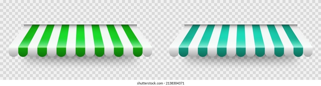 Green shop sunshade on transparent background. Realistic striped cafe awning. Outdoor market tent. Roof canopy. Summer street store. Vector illustration.