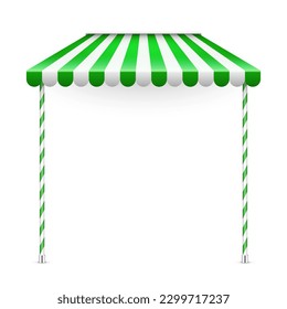 Green shop sunshade with stand holders. Realistic striped cafe awning. Outdoor market tent. Roof canopy. Summer street store. Vector illustration