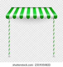 Green shop sunshade with stand holders. Realistic striped cafe awning. Outdoor market tent. Roof canopy. Summer street store. Vector illustration svg