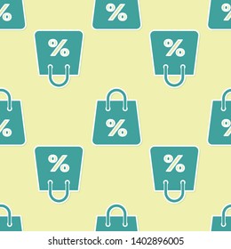 Green Shoping bag with an inscription percent discount icon isolated seamless pattern on yellow background. Handbag sign. Woman bag icon. Female handbag sign. Vector Illustration