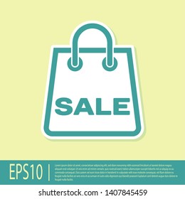 Green Shoping bag with an inscription Sale icon isolated on yellow background. Handbag sign. Woman bag icon. Female handbag sign. Vector Illustration