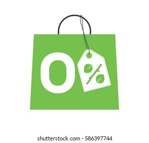 Green shopping bag with 0% text and percent design with leaf and stick price tag label on it isolated on white background. For spring sale campaigns.