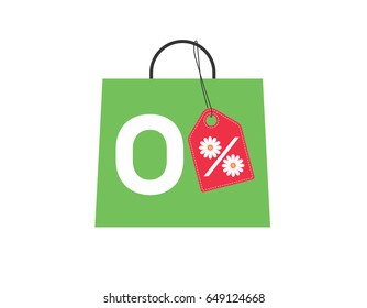Green shopping bag with 0% text and a daisy flower percent design red price tag label on it isolated on white background. For summer sale campaigns.