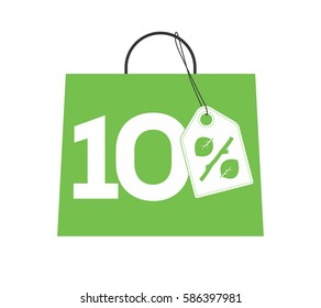 Green shopping bag with 10% text and percent design with leaf and stick price tag label on it isolated on white background. For spring sale campaigns.