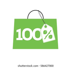 Green shopping bag with 100% text and percent design with leaf and stick price tag label on it isolated on white background. For spring sale campaigns.