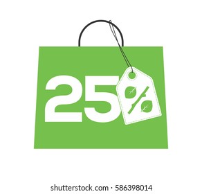 Green shopping bag with 25% text and percent design with leaf and stick price tag label on it isolated on white background. For spring sale campaigns.