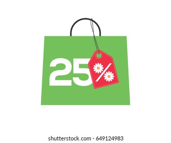 Green shopping bag with 25% text and a daisy flower percent design red price tag label on it isolated on white background. For summer sale campaigns.