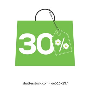 Green shopping bag with 30% text and a daisy flower precent design green price tag label on it isolated on white background. For summer sale campaigns.