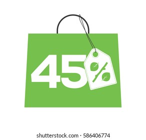 Green shopping bag with 45% text and percent design with leaf and stick price tag label on it isolated on white background. For spring sale campaigns.