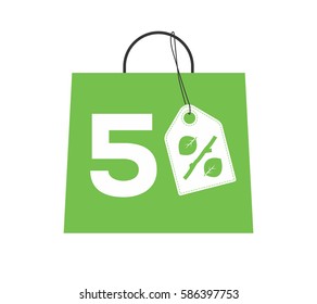 Green shopping bag with 5% text and percent design with leaf and stick price tag label on it isolated on white background. For spring sale campaigns.
