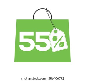 Green shopping bag with 55% text and percent design with leaf and stick price tag label on it isolated on white background. For spring sale campaigns.