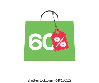 Green shopping bag with 60% text and a daisy flower percent design red price tag label on it isolated on white background. For summer sale campaigns.