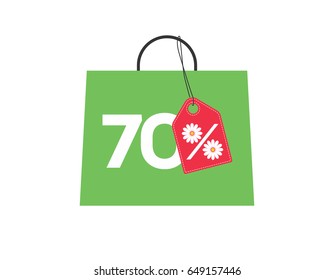Green shopping bag with 70% text and a daisy flower percent design red price tag label on it isolated on white background. For summer sale campaigns.
