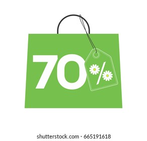 Green shopping bag with 70% text and a daisy flower precent design green price tag label on it isolated on white background. For summer sale campaigns.