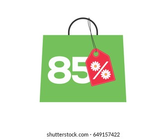 Green shopping bag with 85% text and a daisy flower percent design red price tag label on it isolated on white background. For summer sale campaigns.