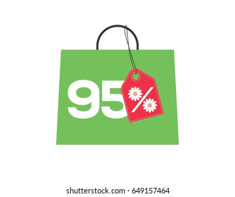 Green shopping bag with 95% text and a daisy flower percent design red price tag label on it isolated on white background. For summer sale campaigns.