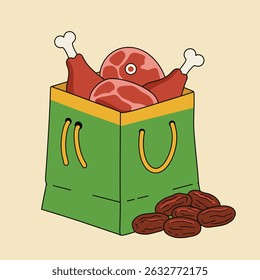 A green shopping bag filled with raw meat and dates, a visual representation of food.