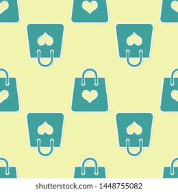 Green Shopping bag with heart icon isolated seamless pattern on yellow background. Shopping bag shop love like heart icon. Valentine's day symbol.  Vector Illustration