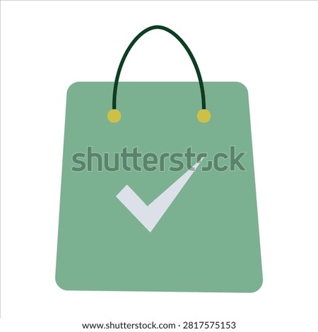 A green shopping bag icon featuring a white checkmark symbol, representing successful purchase, order completion, or eco-friendly shopping.