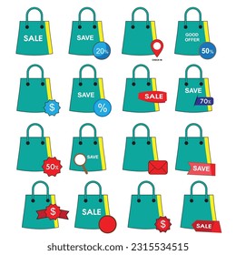 Green shopping bag icons set