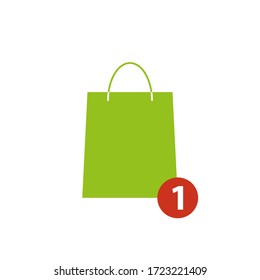 Green shopping bag with one notification. Flat design.