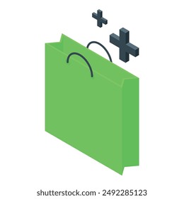 Green shopping bag with plus signs hovering above it, symbolizing adding items to an online shopping cart