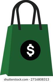 Grüne Einkaufstasche, Vektorsymbol mit einem Dollarzeichen-Symbol auf der Vorderseite, das Handel, Einzelhandel, Preise und Online-Shopping darstellt.