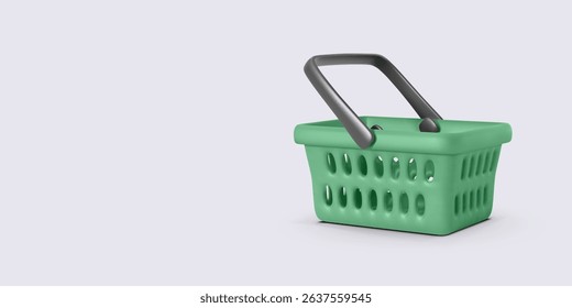 Green Shopping Basket with Black Handles in Clean 3D Style on Light Background. Ideal for Online Store, Retail, or Supermarket UI Elements. Vector Illustration.