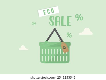 Green Shopping Basket Eco Sale Promoção Ambiental. compras sustentáveis e eco-friendly. Contratos públicos sustentáveis. Compra e venda ética. Ilustração vetorial