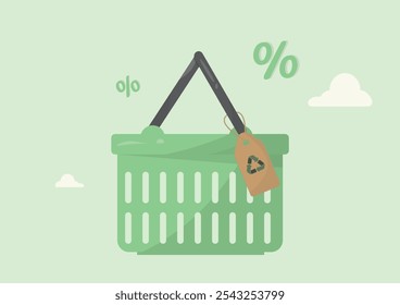 Green Shopping Basket Eco Sale Promoção Ambiental. compras sustentáveis e eco-friendly. Contratos públicos sustentáveis. Compra e venda ética. Ilustração vetorial