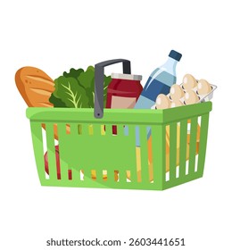 Green shopping basket filled with groceries on white background. Vector illustration