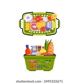 Green Shopping Basket Filled With Various Grocery And Food Items Front And Top View. Vector Image Includes Fruits