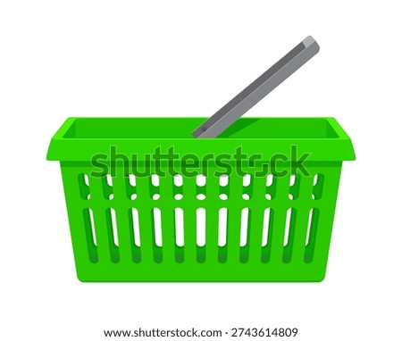 Green Shopping Basket with Handle Isolated on White Background. Supermarket Grocery Basket, Retail Store Equipment, Online Shopping, Ecommerce, Consumer Purchase, Sale, Commerce Icon, Vector Illustration