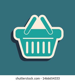 Green Shopping basket icon isolated on blue background. Long shadow style. Vector Illustration