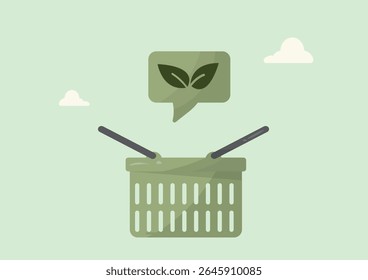 Green Shopping Basket Speech Bubble Eco Concept. comunicação de compras sustentável, mensagens de consumidor eco-friendly e consciência de varejo verde. Estilo plano. Compra ecológica. Ilustração vetorial
