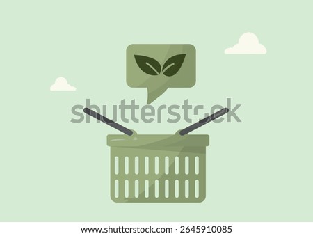 Green Shopping Basket Speech Bubble Eco Concept. sustainable shopping communication, eco-friendly consumer messaging, and green retail awareness. Flat style. Eco purchasing. Vector illustration