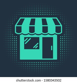 Green Shopping building or market store icon isolated on blue background. Shop construction. Abstract circle random dots. Vector Illustration