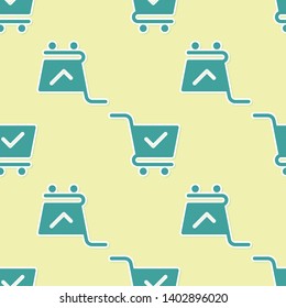Green Shopping cart with check mark icon isolated seamless pattern on yellow background. Supermarket basket with approved, confirm, done, tick, completed symbol. Vector Illustration