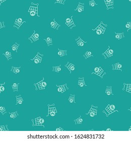 Green Shopping cart with check mark icon isolated seamless pattern on green background. Supermarket basket with approved, confirm, done, tick, completed.  Vector Illustration