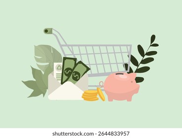 Carrinho de compras verde. Conceito De Economia Ecológica. Carrinho de compras com mealheiro, dinheiro e folhas. Compras sustentáveis, consumismo ecológico e hábitos ecologicamente corretos. Ilustração vetorial