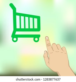 green shopping cart, hand pointing finger, online shopping concept 