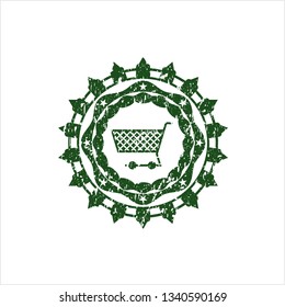 Green shopping cart icon inside distress with rubber seal texture